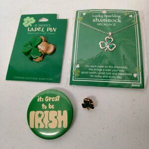 St Patricks Day irish Jewelry Lot 3 Pins And Shamrock Necklace Mouse Vintage